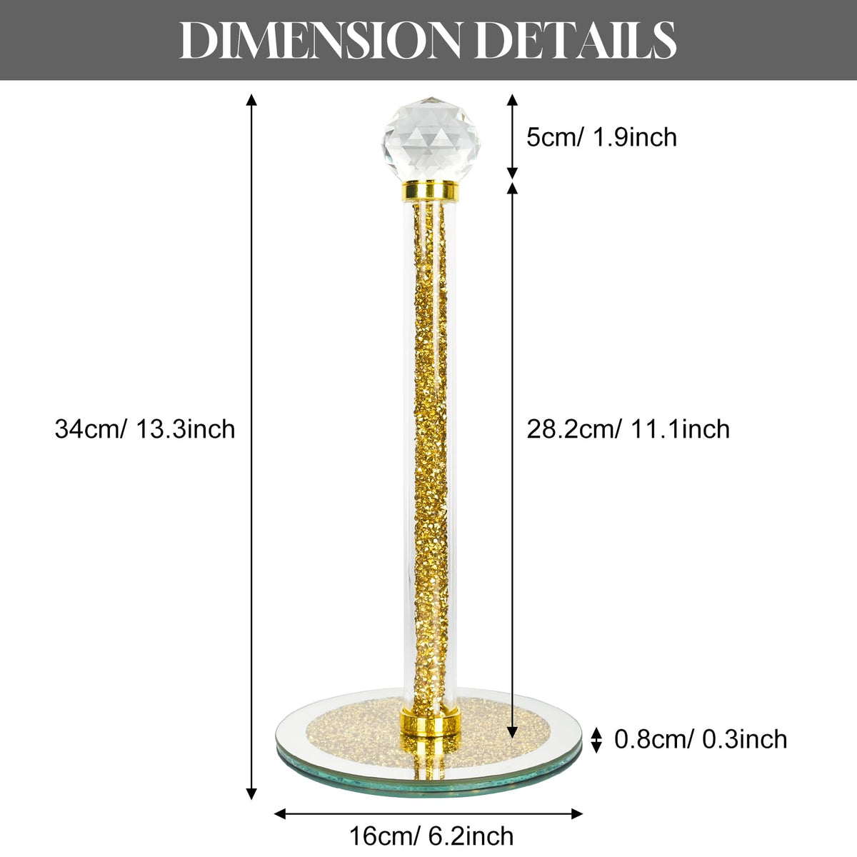 Paper Towel Holder Stand,Gold Countertop Paper Towel Roll Dispenser Holders with Round Base, Tissue Countert Filled with Crystal Sparkly Crushed Diamonds House Decor for Kitchen Bathroom，Heavy Weight
