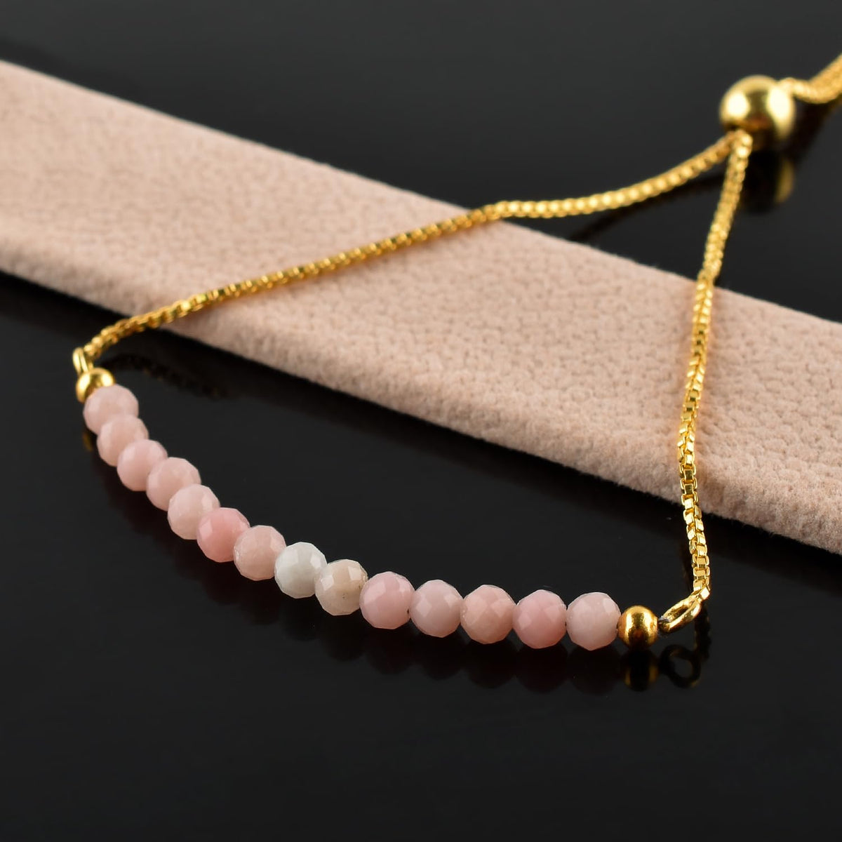 InfinityGemsArt Pink Opal Bracelets For Women, October Birthstone Jewelry, Dainty Pink Beaded Stone Bolo Slider Crystals Gemstones Bracelet, 14K Gold Plated Adjustable Chain, Valentines Day Gifts For Her