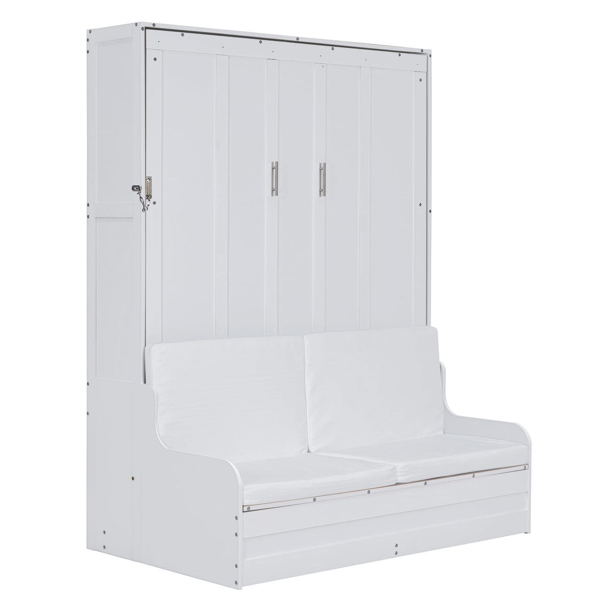 Merax Queen Size Murphy Bed Frame, Modern Wall Bed Can Be Folded into Cabinet, Chair with Cushion, White