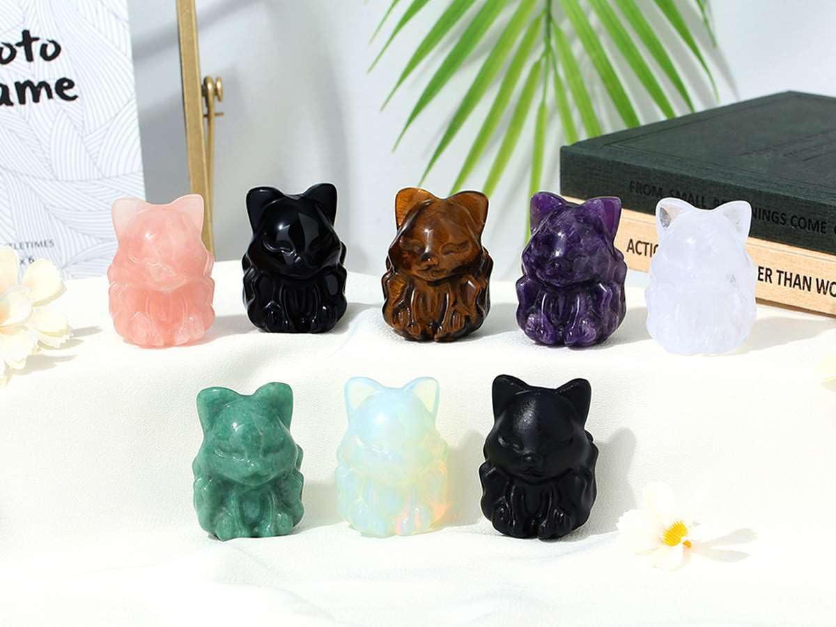 LAIDANLA 2" Clear Quartz Fox Figurine Healing Crystals Fox Statue Hand Carved Natural Gemstone Polished Reiki Spiritual Pocket Animal Sculpture Home Office Room Desk Decor