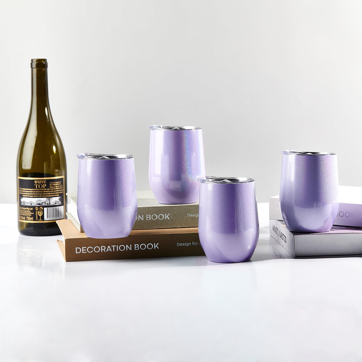 BetterSub 8 Pack 12oz Glitter Purple Wine Tumblers - Double Wall Insulated Sublimation Blanks, Stainless Steel Cups With Lid, Glitte,Metal Straw, Brush, Display Box (Glitter Purple)