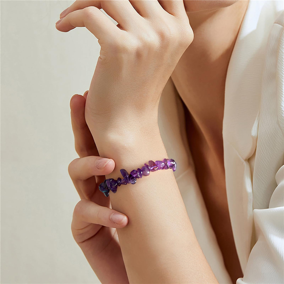 Lit Wall Fluorite Bracelet for Women: 5-8mm Raw Fluorite, Elastic Adjustable Size, Purple, Green, Clear Stones, Stretch Bracelet