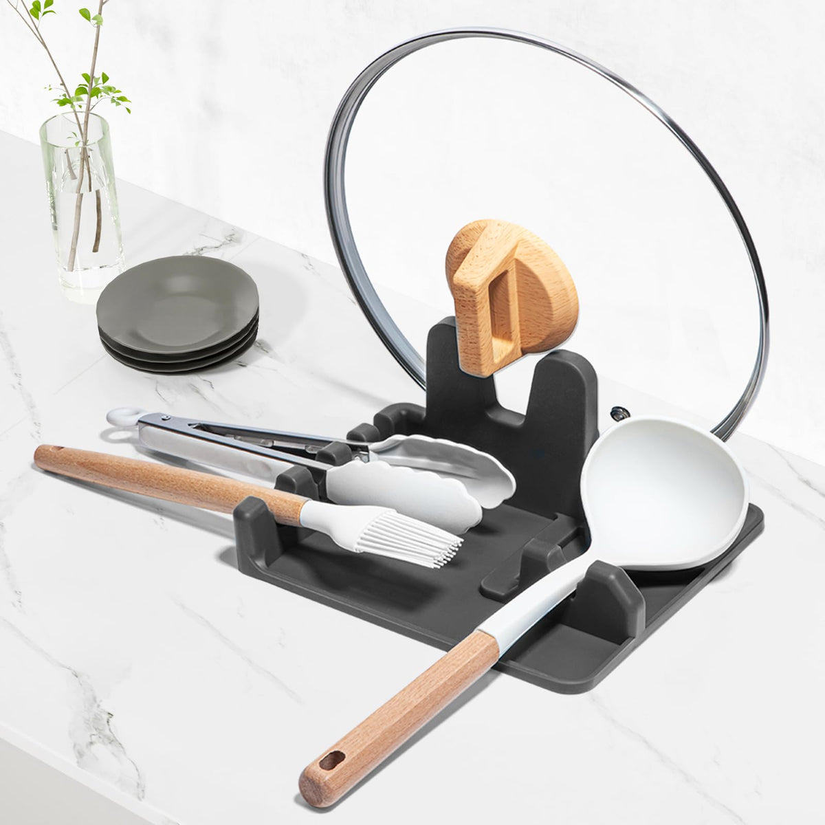 Auoon Silicone Spoon Rest with Lid Holder - 3 in 1 Kitchen Utensil Rest for Soup Ladles, Pot Lids, Spatulas, Spoons, Tongs, BPA Free & Dishwasher Safe, 8.26 x 8.06 Inch (Gray, Large)
