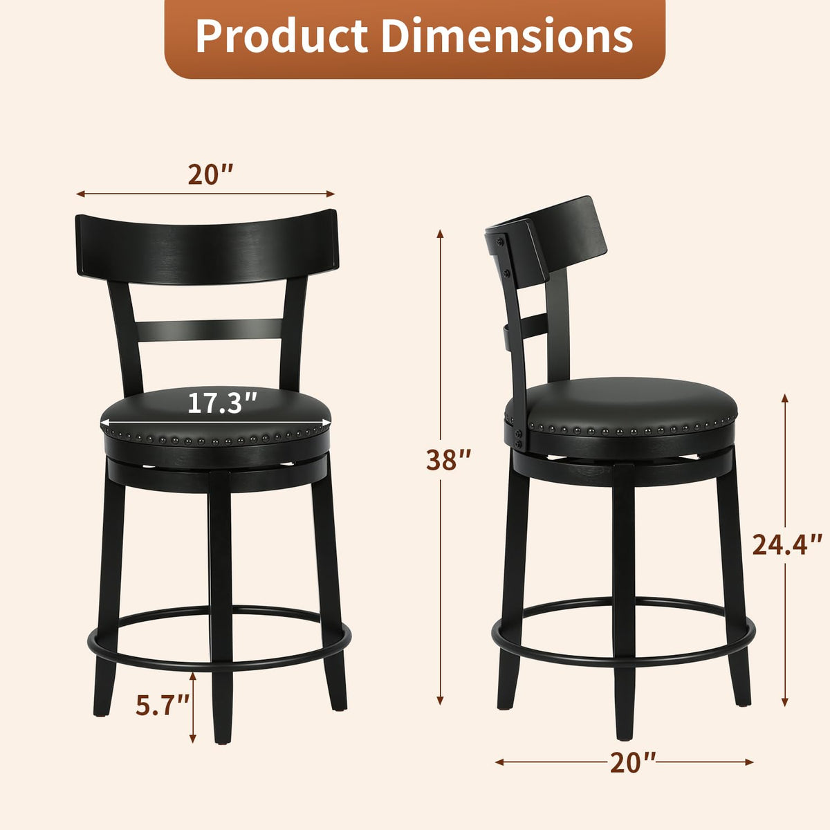 FDW Swivel Counter Height Bar Stools Set of 2 with Back, 24 Inch Upholstered Bar Stools, 360° Swivel Seat with Footrest, Black