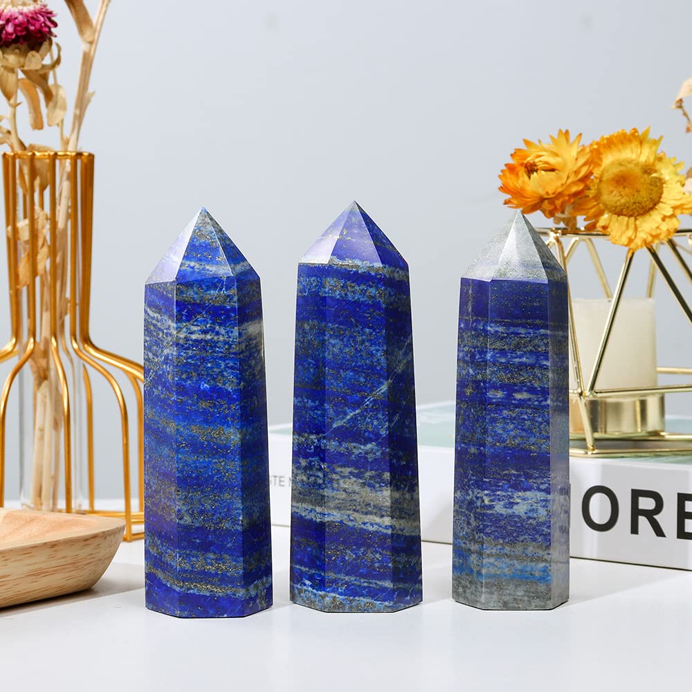 Runyangshi Large Lapis Lazuli Natural Healing Crystal Wand 4.72"-5" Crystals Tower 6 Faceted Single Point Crystal Prism Wand Natural Stones for Meditation Reiki Chakra Therapy Home Decor Gift