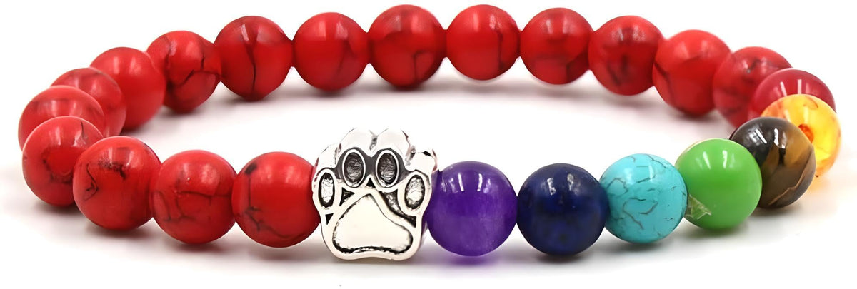 PawsFourLove 7 Chakra Natural Stone Paw Charm Bracelet Lava Rock Mala Beads Elastic Bracelet Yoga Meditation Healing, Dog Puppy Cat Animal Paw Bracelet (Red)