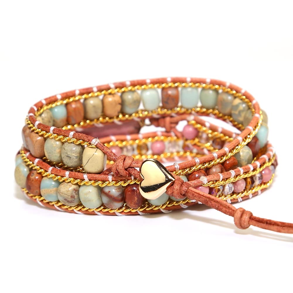 ZOSOJONA Women Wrap Bracelet Boho Natural Jasper Crystal Stone Beads Strand Bracelets (Rhodochrosite)