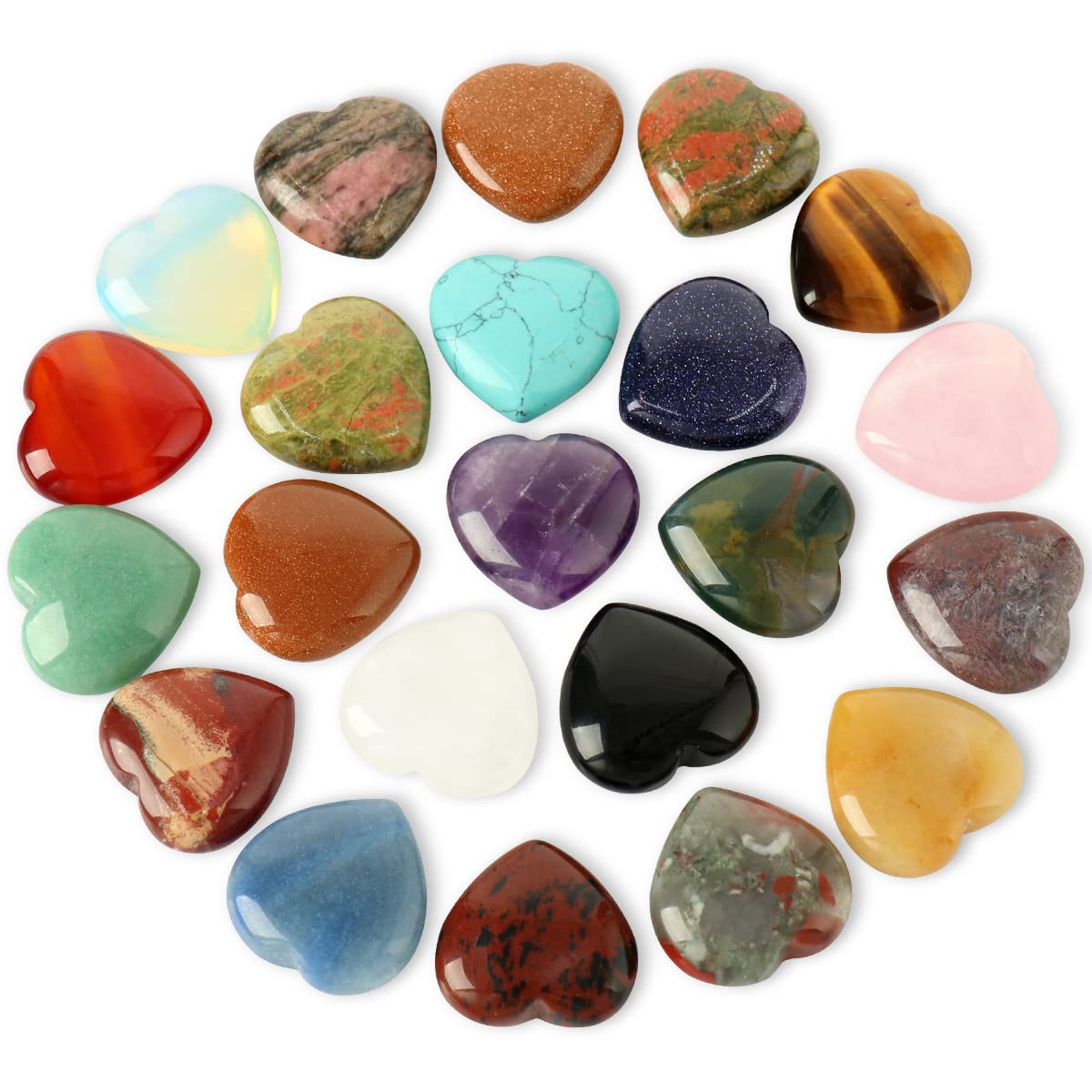 CASMON 8 Pcs Natural Mix Heart Love Stones (1 Inches), Puff Hearts Healing Palm Crystal Set with Gift Box for Chakra Reiki Home Décor