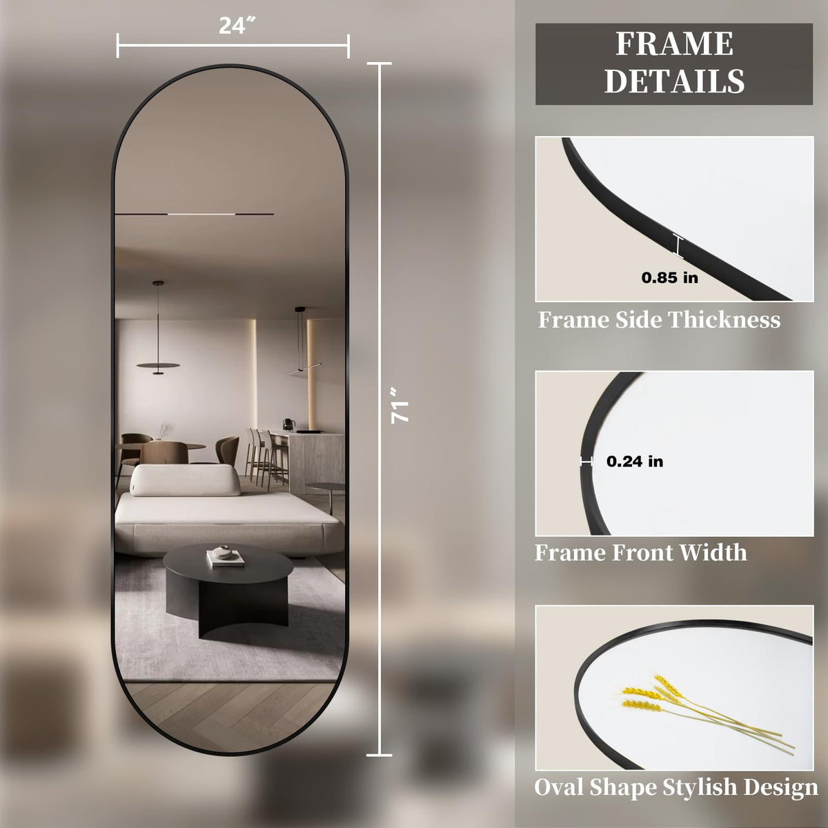 TheiaMo Oval Full Length Mirror, 71"×24" Wall-Mounted Floor Mirror with Metal Frame, Ultra-Clear Explosion-Proof Dressing Mirror, Simple and Classic Deco for Cloakroom/Bedroom/Living Room, Black