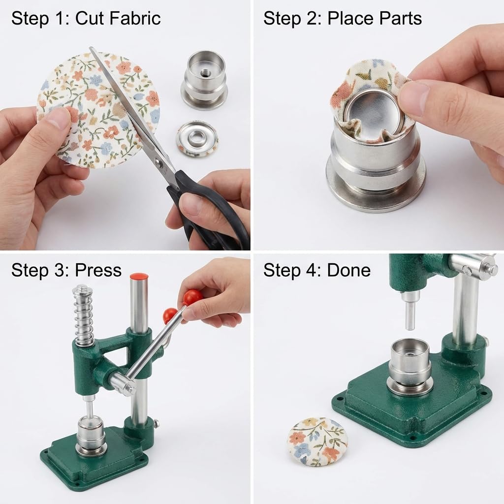 QWORK Fabric Button Maker Kit with 3 Die Sizes – Adjustable Press Tool for Sewing, DIY, Upholstery, 11/16", 1", 1-3/16" Dies