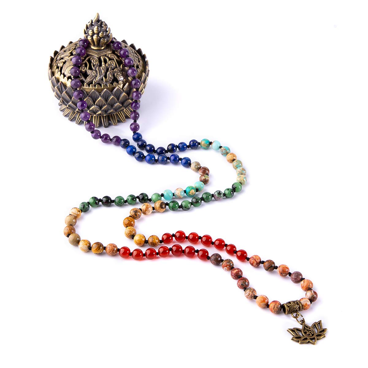 Bivei 7 Chakra 108 Mala Beads Bracelet Real Gemstone Yoga Meditation Hand Knotted Mala Prayer Bead Necklace(Lotus OM-6mm beads)
