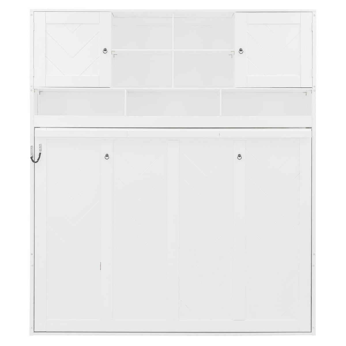 Merax Queen Size Murphy Bed Wall Bed with Top Storage Cabinets and Shelves, Fold into The Wall, Space-Saving Design, White Foldable Platform Bed Frame with Chevron Stripes, for Bedroom, Guest Room