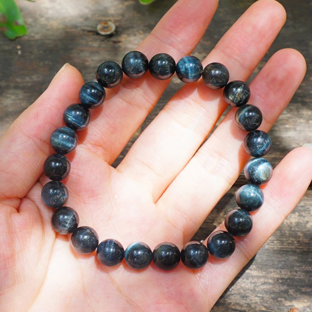 TaHLga 8mm Blue Tigers Eye Bracelet for Women Men | Natural Handmade Protection Hawks Eye Throat Chakra Gemstone Crystal Jewelry | Beading Tool Kit - Fits for 6.5-7.5" Wrist | Boost Motivation