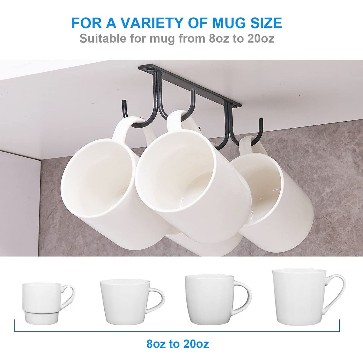 FOMANSH Mug Rack Under Cabinet - Coffee Cup Holder, 12 Mugs Hooks Under Shelf, Display Hanging Cups Drying Hook for Bar Kitchen Utensils Black