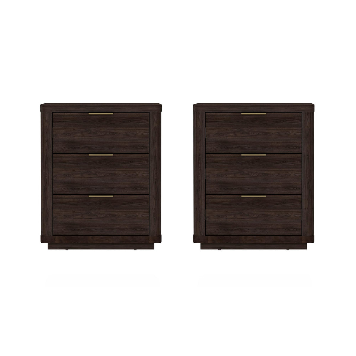 Manhattan Comfort Evelyn Set of 2 Nightstands with Full Extension Drawers, Minimalist Bedside Table with Rounded Corners and Raised Base, Modern Night Stand for Bedroom, or Living Room in Brown