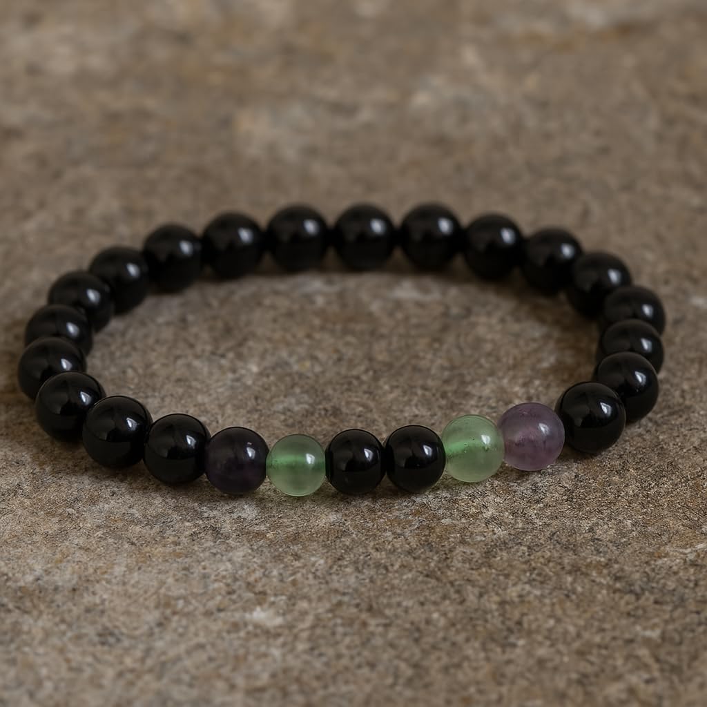 PRECIOUS PEBBLE Obsidian, Tourmaline & Fluorite Bracelets, Natural 8mm Crystal Beads, Handmade Stretch Bracelet for Men & Women – Symbolic Gift Accessory for Balance & Grounded Style