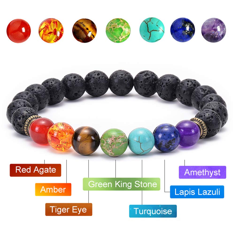 Black Lava Stone 7 Chakra Bracelets 6pcs mix 8mm Yinyang Rock Bead Elastic Natural Stones Gemstones Oil Diffuser Yoga Menditation Beads Bracelets for Men Women Jewelry (6pcs Lava Stone Bracelet)