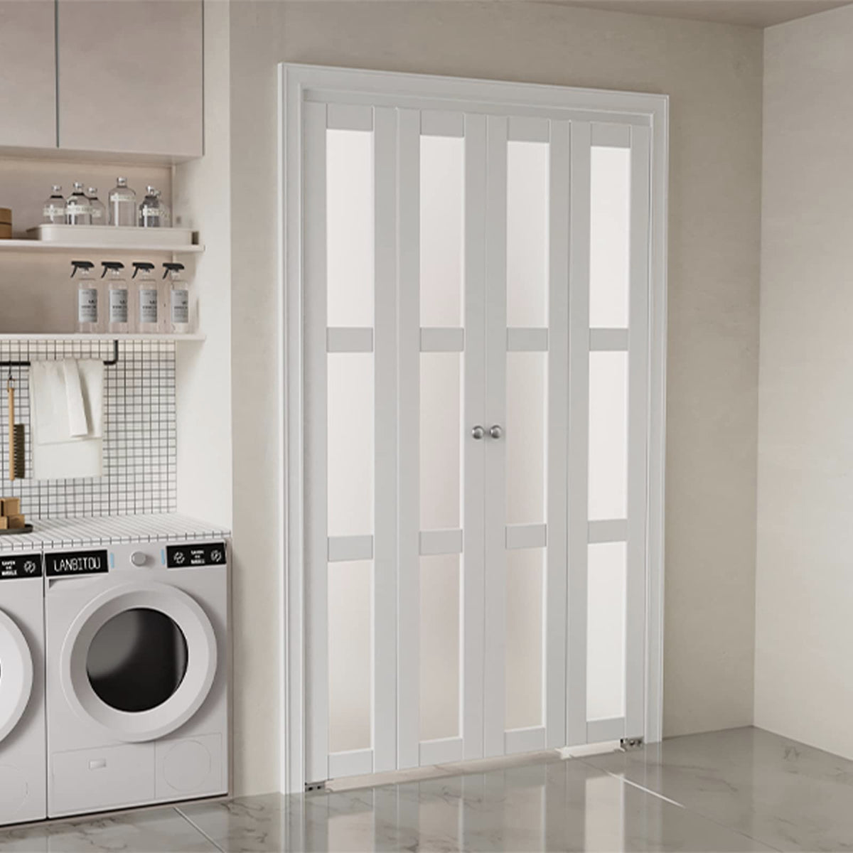 BARNER HOME Bifold Doors for 60"x80" Opening, Tempered Frosted Glass Folding Closet Doors with Concealed Hardware Kit, Preassembled White Bifold Barn Door for Pantry