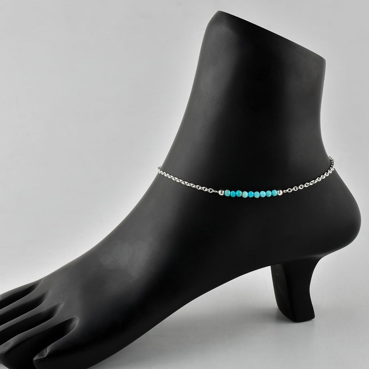 YANARA Turquoise Ankle Bracelet for Women Jewelry, Natural December Birthstone, Gemstone Beads, Handmade Dainty Anklet 9"+1.25" inch, 3mm Rounds, Chakra Energy Crystals, Silver Plated Chain