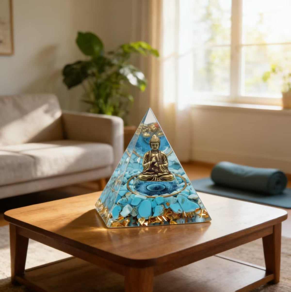 ycyingcheng Moonstone Crystal Orgone Pyramid, Turquoise Ogan Crystal Energy Tower, Bronze Statue Buddha Sculpture Crystal Pyramid for Home Decor (Crystal Pyramid-23)