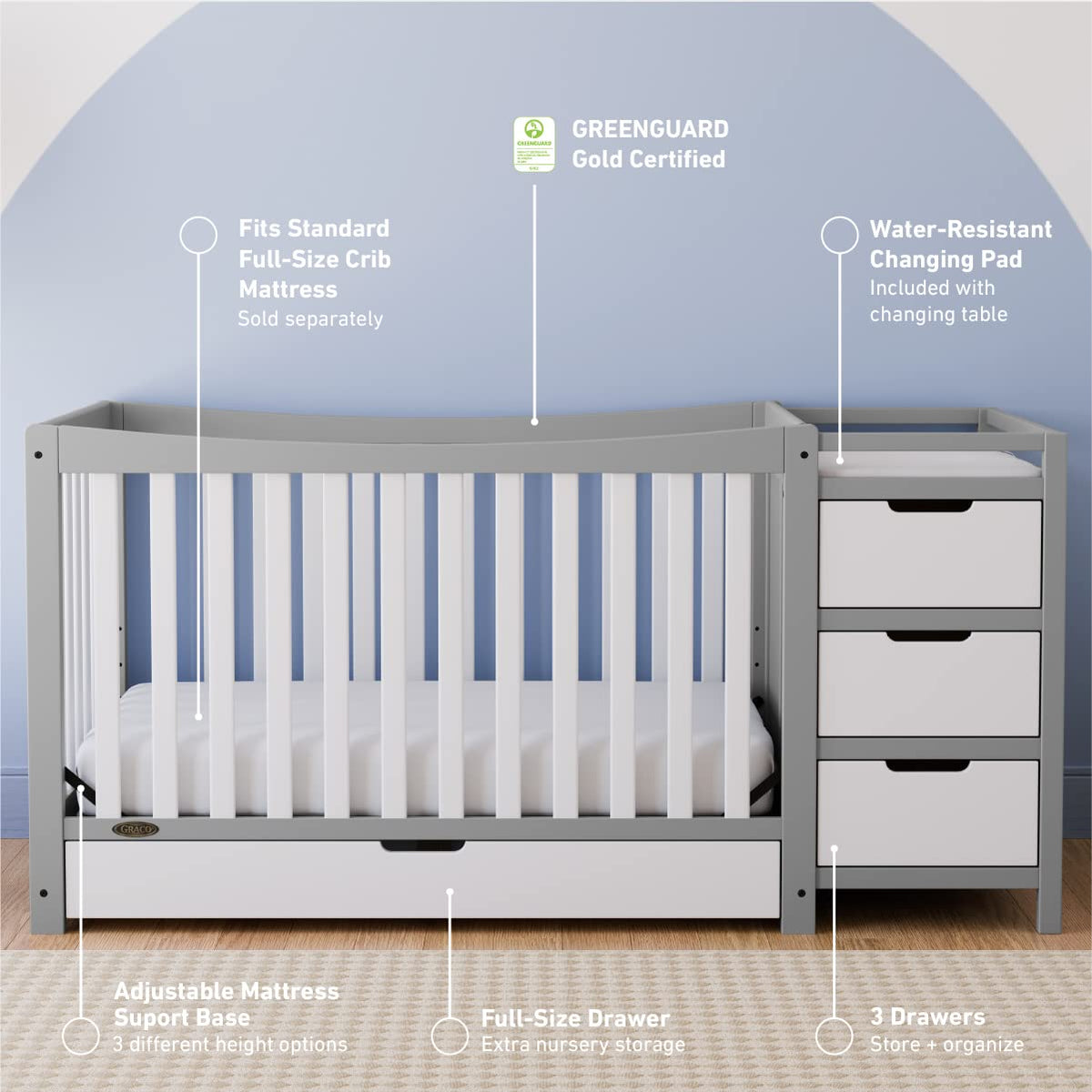 Graco Remi 4-in-1 Convertible Crib & Changer – GREENGUARD Gold Certified, Fits Standard Crib Mattress, Converts to Toddler Bed and Full Bed, 4 Adjustable Mattress Heights (Pebble Gray and White)