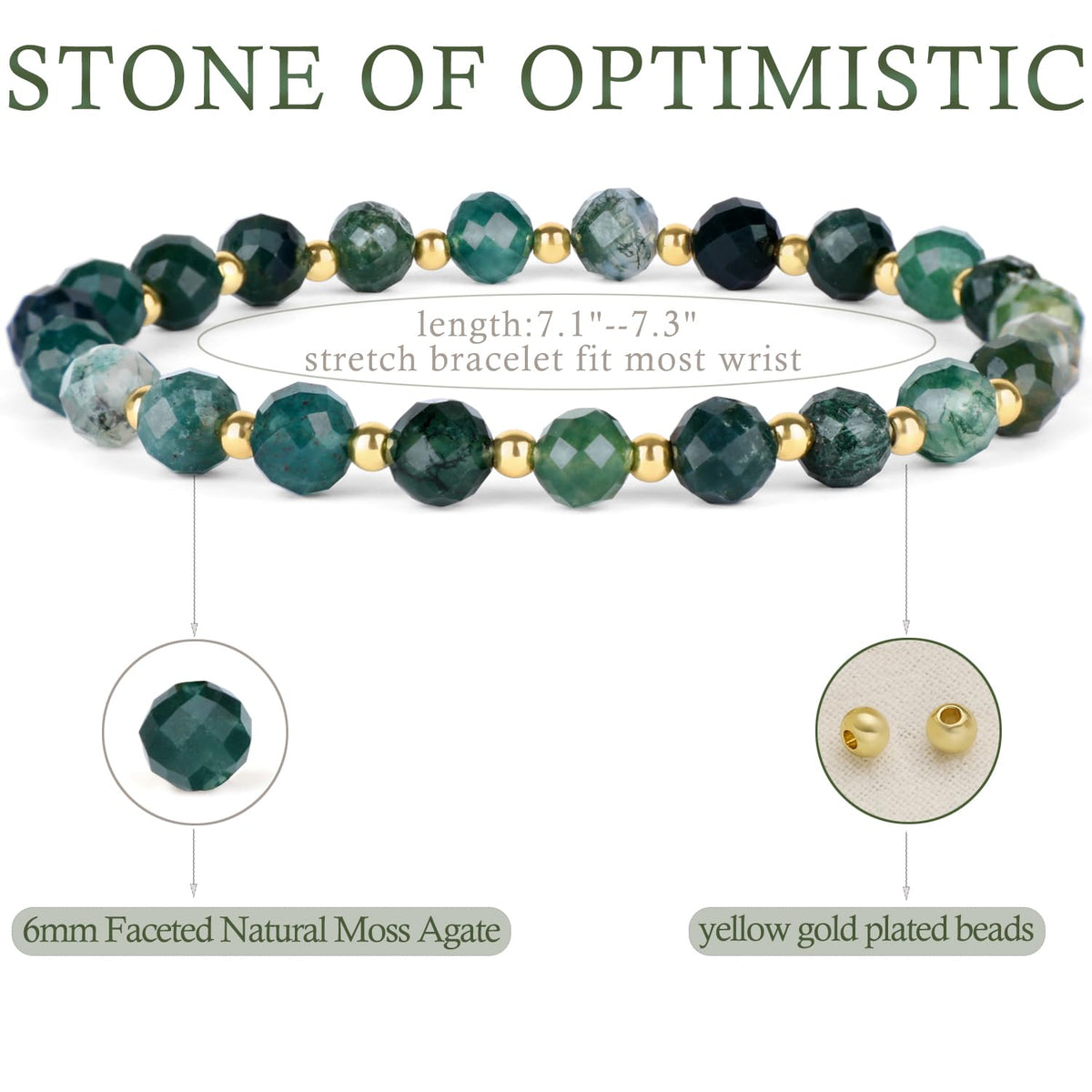 QOGIR Moss Agate - Stone of Optimistic - 14K Gold Plated Beads Natural Gemstone Stretch Elastic Dainty Healing Beaded Bracelets Gifts 6mm