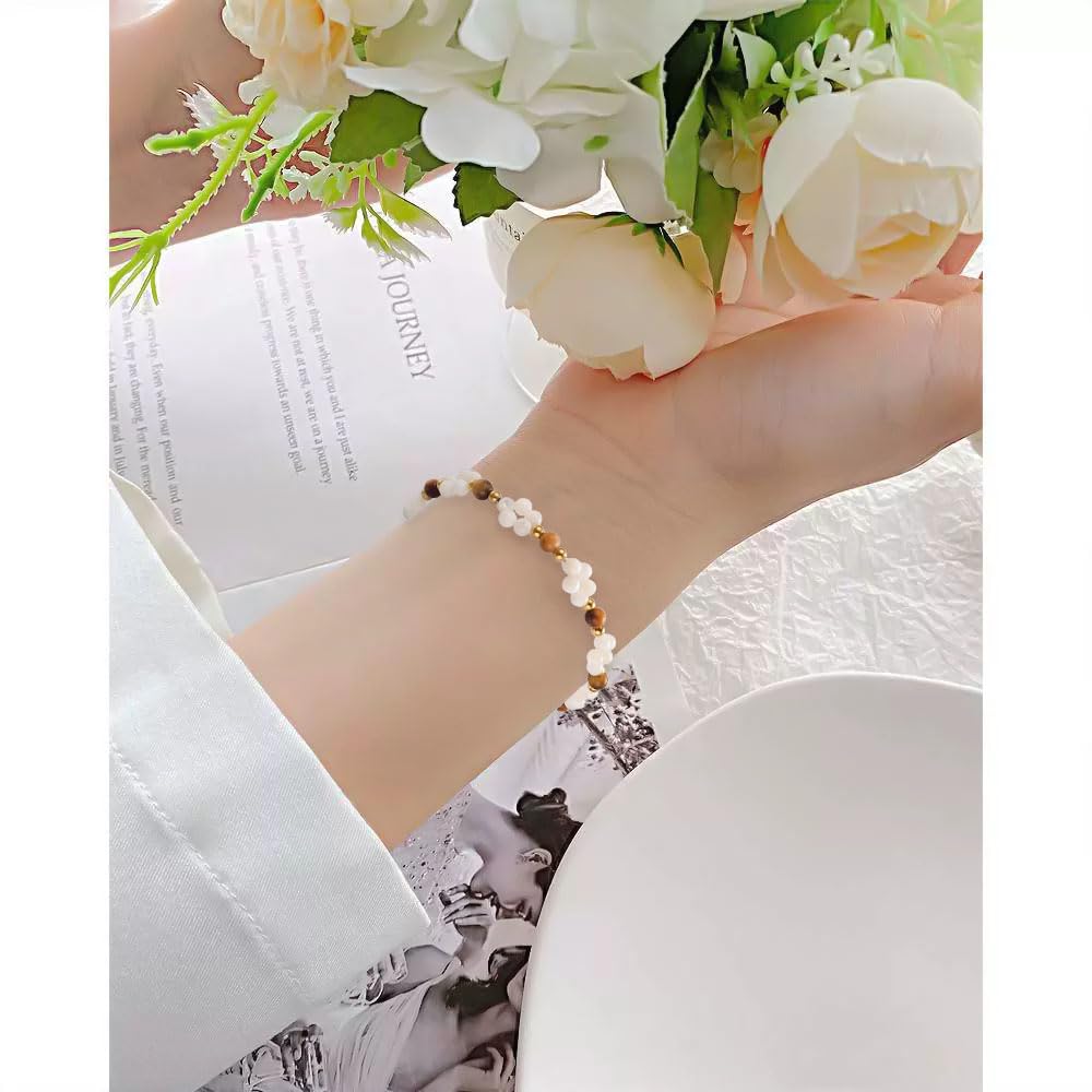 vissen White Pearl Flower Bracelet for Women Beaded Tiger Eye Stone 14K Gold Plated Adjustable Natural Stone Bracelets Dainty Jewelry