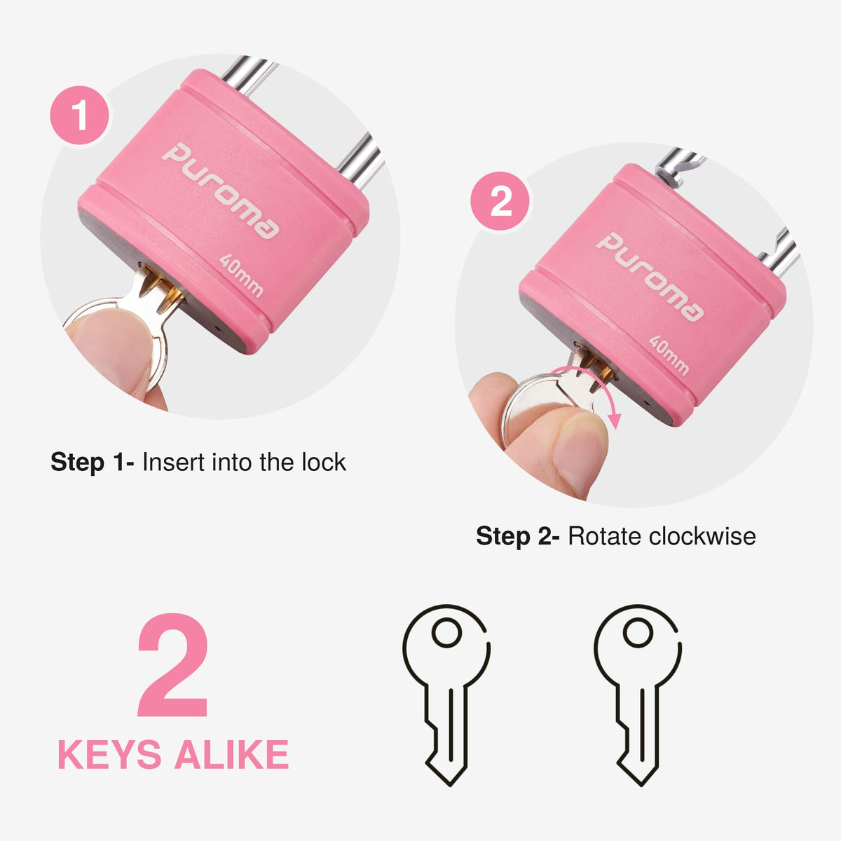 Puroma Keyed Padlock with 2 Keys Alike, 7/8 Inch Locker Lock 40mm Heavy-Duty Locks for Gate Fence Hasp Cabinet Toolbox School Gym Locker (Pink)