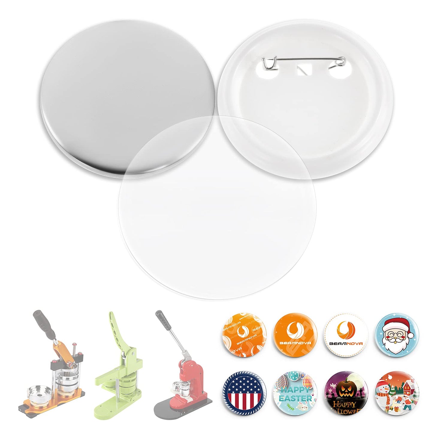 BEAMNOVA 1000 Sets of Round Button Maker Supplies 25mm / 0.98 in (Approx. 1 inch) for Round Pin Maker, Plastic Clip Bottom & Tinplate Top with Transparent Film, Machine NOT Included