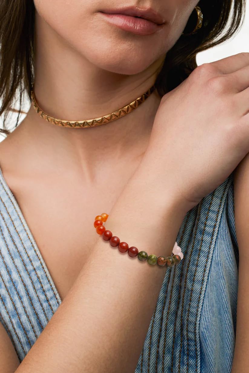 BONNY BOXX Mixed 8mm Natural Stone Bracelet for Fertility, Handmade Stretch Pink Quartz Red Jasper Bracelet Adjustable Crystal Healing Jewelry for Unisex Spiritual Gift