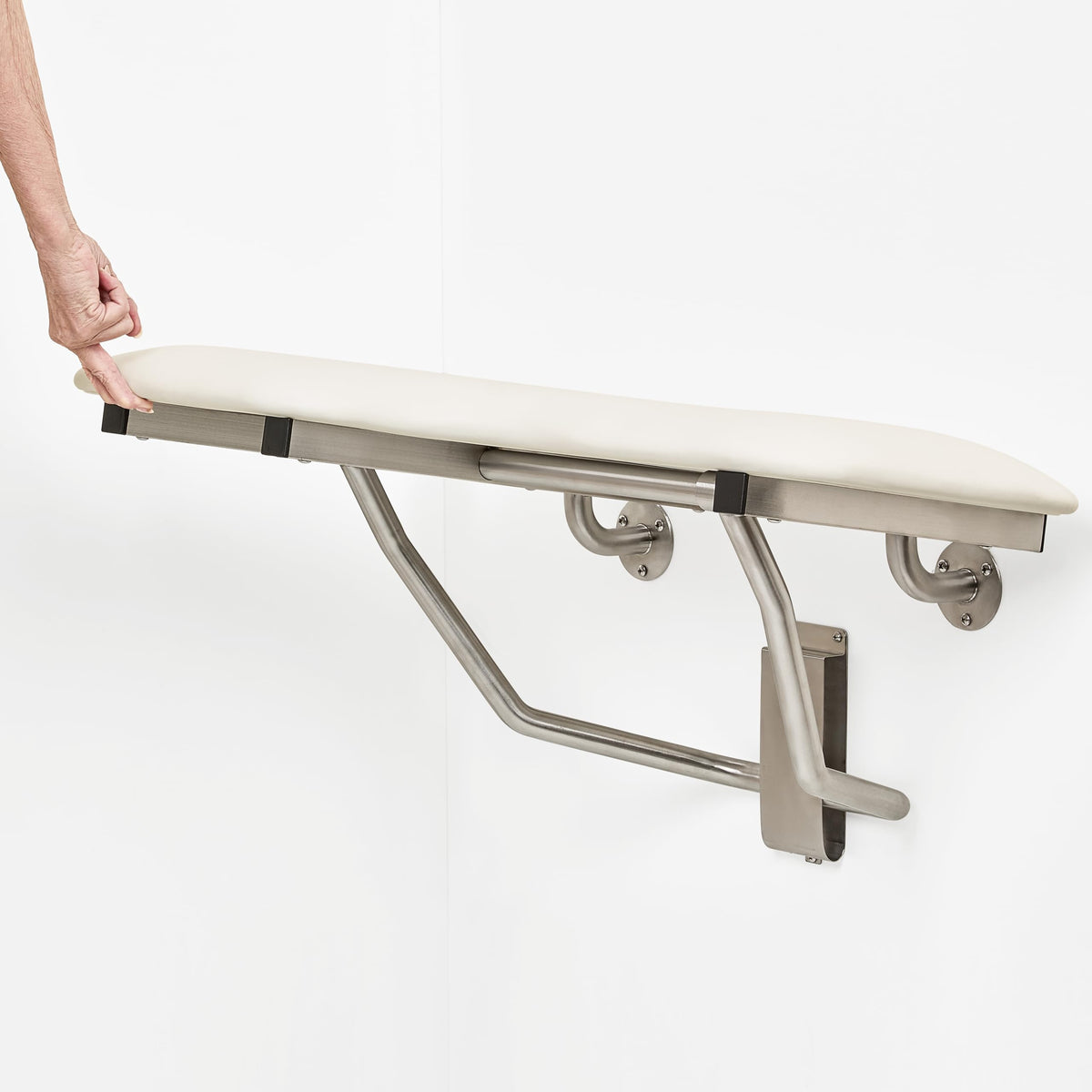 Seachrome Lift-Assist Shower Seat, L-Shaped Right-Hand, ADA, Wall Mount, Padded White Naugahyde