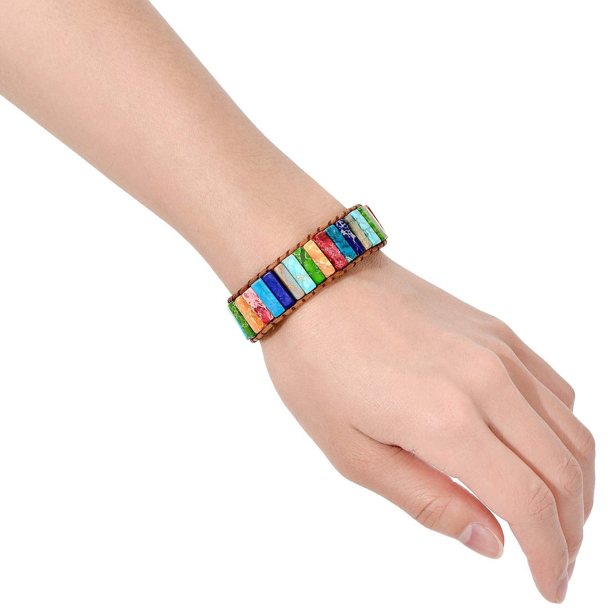 Fashion Gemstone Handmade Jewelry Multicolor Yoga Friendship Boho Leather Rectangle Stone Healing Sunflower Button Wrap Bracelet