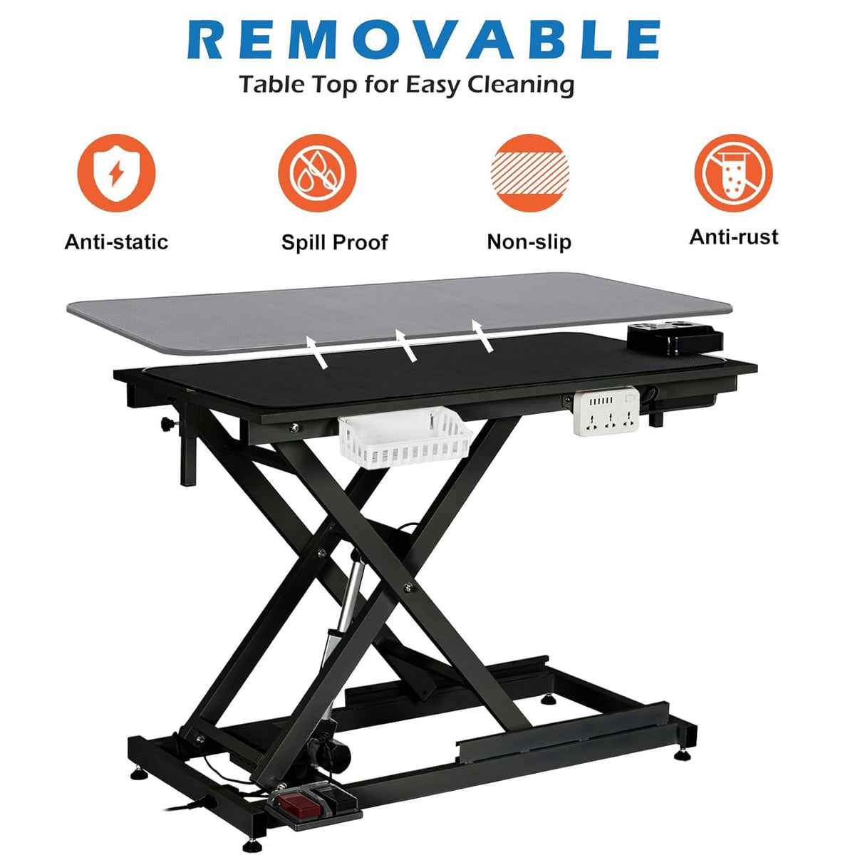 ExploreHorizon 50" Heavy Duty Dog Grooming Table with Aluminium Overhead Arm,Electric Hydraulic Grooming Table with 6 USB Ports for Large Dogs 300 LBS Foot Control