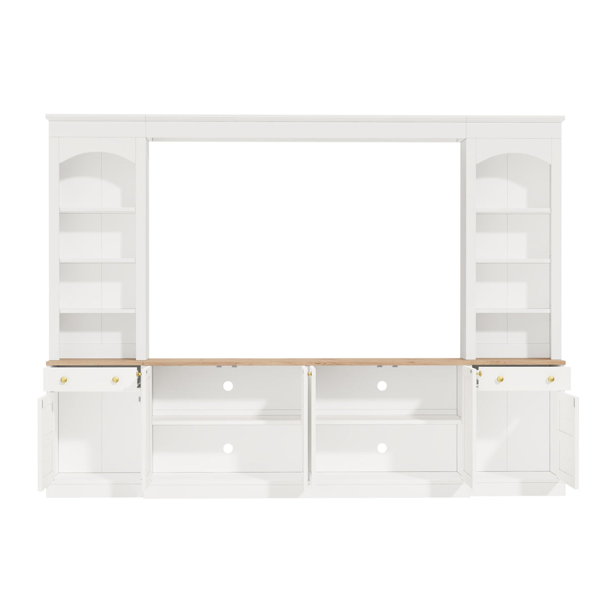 Merax Farmhouse 106-Inch Arched Entertainment Wall Unit Set with Adjustable Shelves, TV Stand for Televisions Up to 70'', Mid-Century Large Media Console with Drawers for Living Room, White