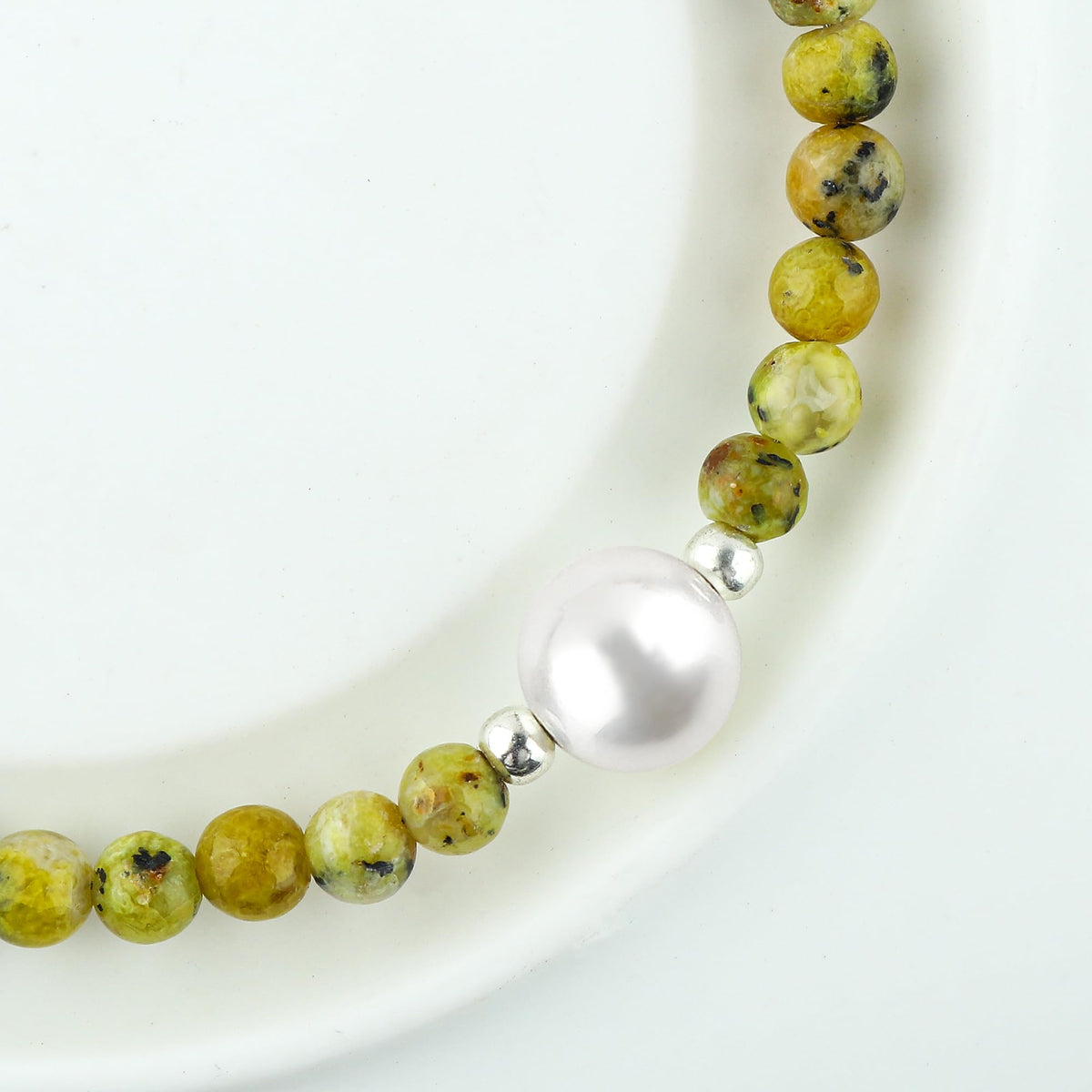 CRYSTALINES Natural Green Opal Gemstone Bolo Bracelet, Cultured Pearl Beads Stones, Handmade Hypoallergenic Boho Jewelry for Women, Healing Crystals, Adjustable Silver Plated 6+4inch, Birthday Gift
