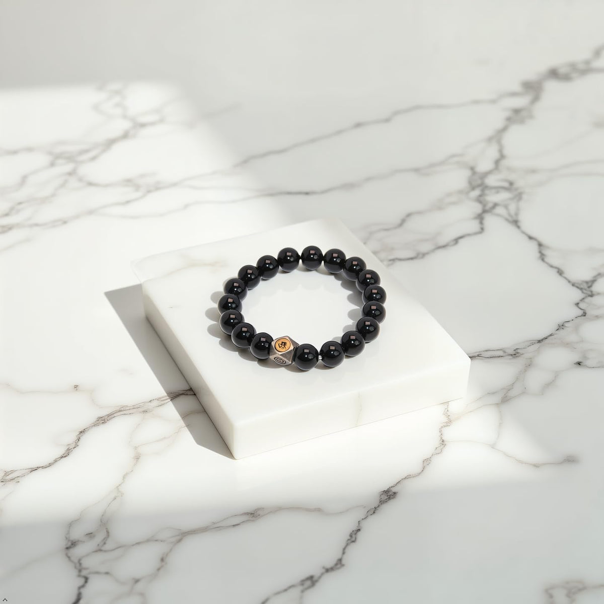 FAIRY CONCEPT Natural Black Obsidian Beaded Bracelet with Metal Charm, Polished Stone Beads, Elastic Stretch Design, Unisex Protection Jewelry