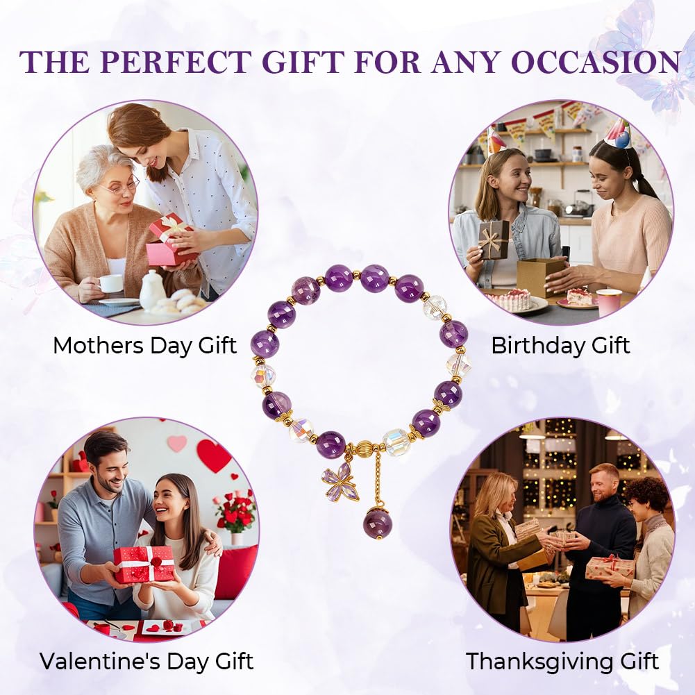 Buddha Stones Amethyst & Butterfly Charm Elastic Bracelet for Women, Handmade Stretch Anxiety Amethyst Crystal Beaded Bracelet, Natural Gemstone Bracelet Jewelry Gift For Mother's Day, Includes Gift Box -8MM