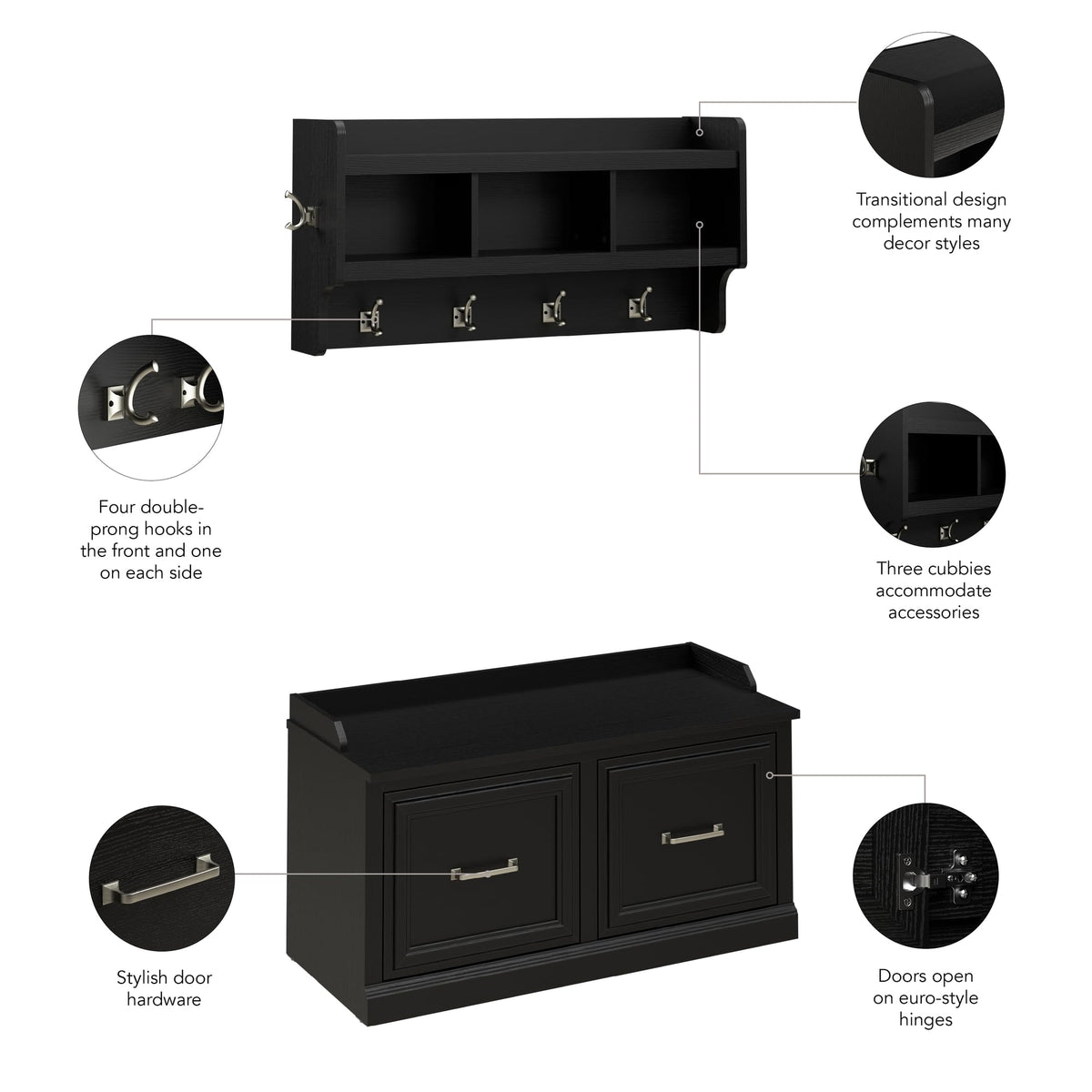 Bush Home Woodland 40W Shoe Storage Bench with Doors and Wall Mounted Coat Rack in Black Suede Oak | Foyer, Mudroom, Entryway Organizer