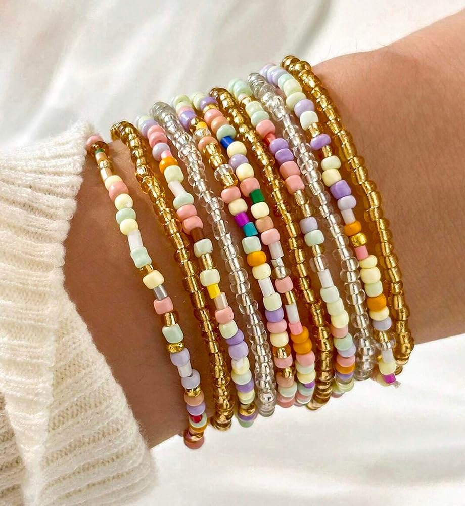 iF YOU Small Colorful Beaded Bracelets Set for Women Trendy, Boho Glass Seed Bead Stretch Bracelet Stack, Non Tarnish Stackable Bracelets Pack Fashion Accessories Gifts