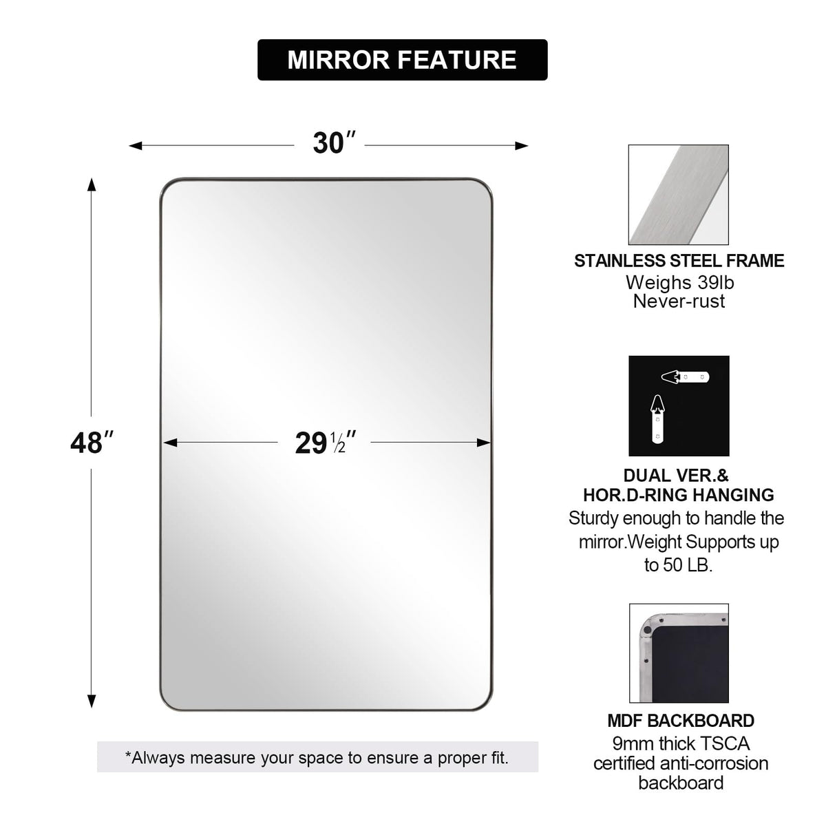 ANDY STAR 30"x48" Brushed Nickel Bathroom Mirror, Large Wall Mirror for Bathroom, Rounded Rectangle Mirror in Premium Stainless Steel Metal Frame Hangs Horizontal Or Vertical