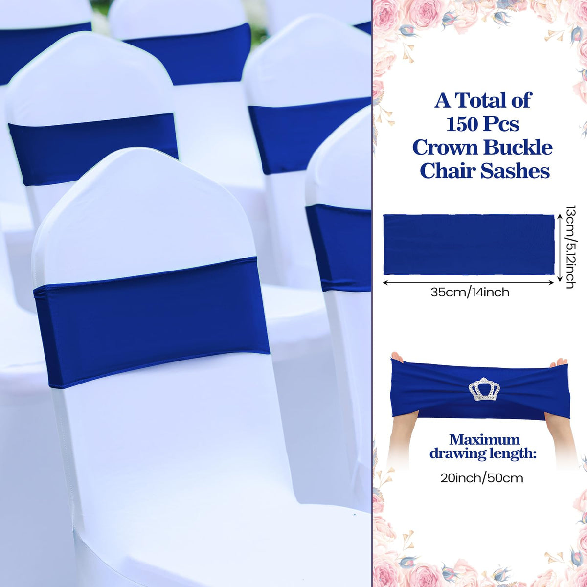 Cinnvoice 150 Pcs Spandex Chair Sashes Stretch Chair Covers with Crown Buckle Elastic Chair Bows Ties with Buckle Slider for Wedding Banquet Party Event Decoration(Royal Blue)