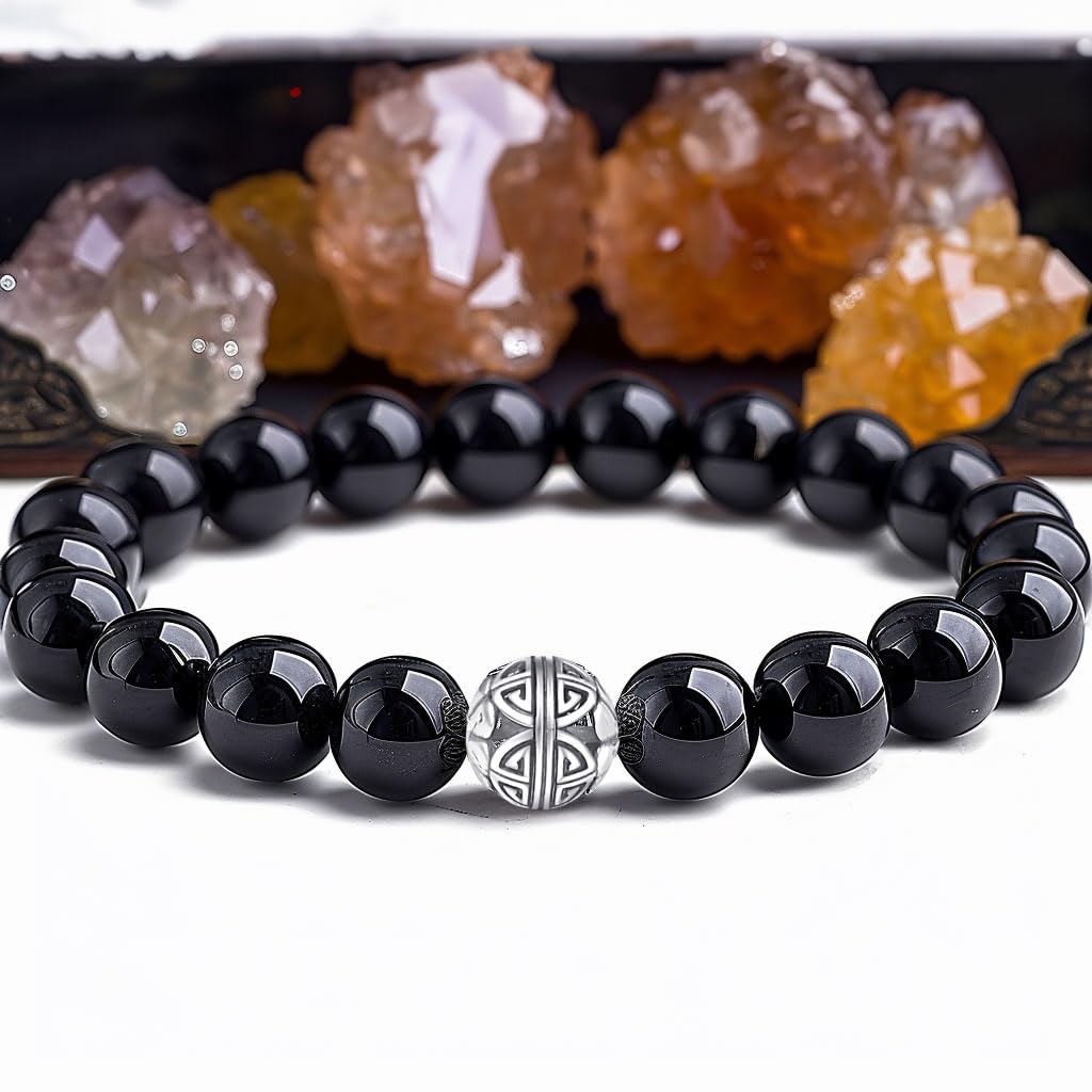 MetJakt Healing Crystals Beaded Bracelets for Womens Natural Gemstone 8mm Beads Stretch Bracelets with 925 Sterling Silver Double Happiness Pendant (Black Agate)