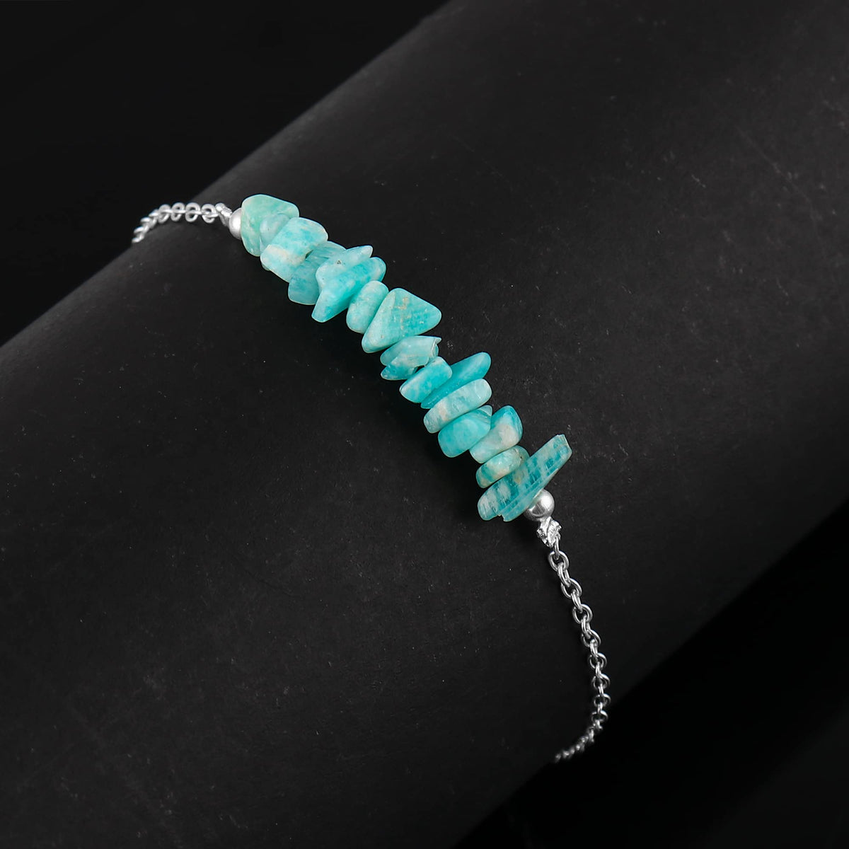 Gemimpression Handmade Amazonite Chips Bar Bracelet – Natural Energy Healing Crystals – Silver Plated Adjustable 8 Inch Chain – Christmas Gift