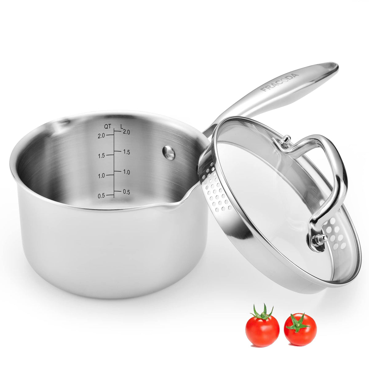 Fracoda 2.0 Quart Stainless Steel Pot Saucepan with Glass Strainer Lid, Sauce Pot with Two Side Spouts, Induction Cooking Pot, Multipurpose Sauce Pan with Lid for Cooking