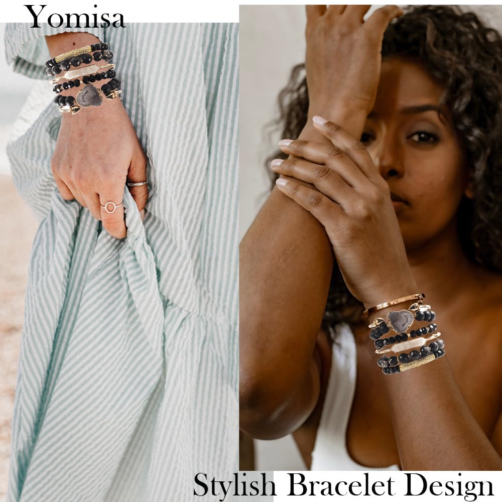 Yomisa 6PCS Natural Boho Beaded Bracelets Bangle for Women,Healing Turquoise Tiger eyes Agate Crystal Gemstone Stone Diamond Chakra Multi Wrap Bohemian Handmade Jewelry Beads Stretch Bracelet Set