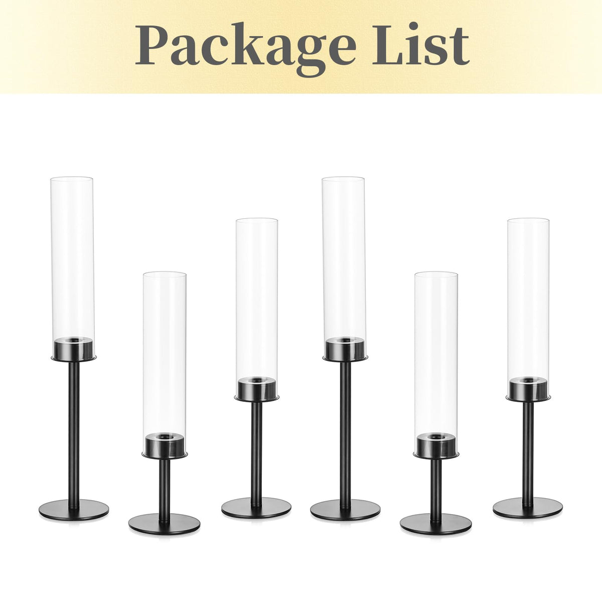 Hewory Black Candlestick Holders Hurricane Candle Holder, 6Pcs Candle Stick Candle Holder Candelabra, Taper Candle Holders with Glass Candle Cover for Wedding Table Centerpiece Christmas Decor