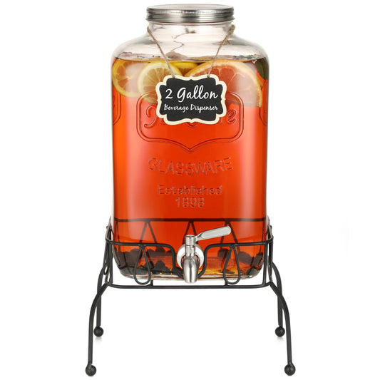 2 Gallon Glass Drink Dispenser with Stand, Stainless Steel Leakproof Spigot and Lid, Glass Drink Dispensers for Parties, Water Beverage Dispenser