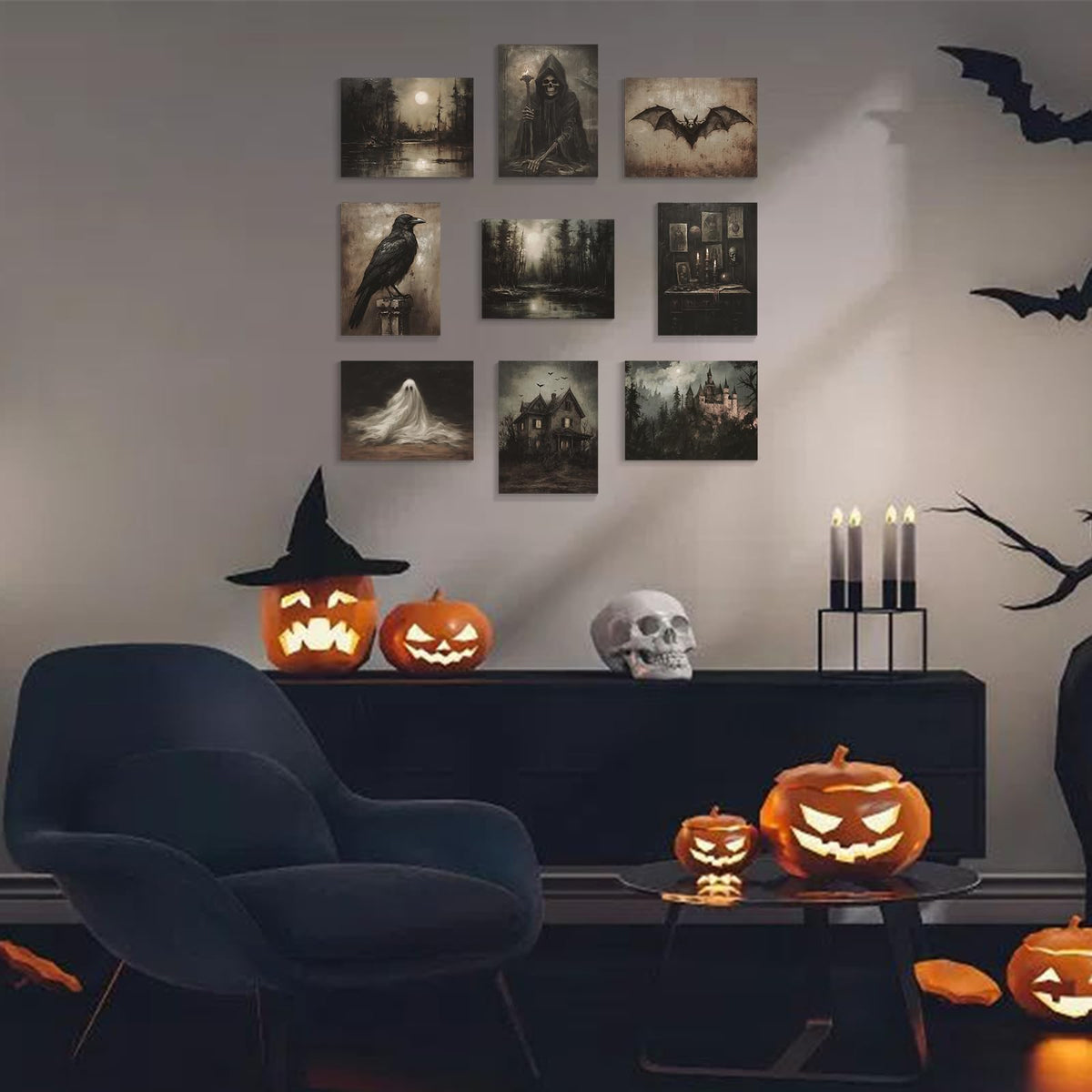 abrtolpffo Halloween Wall Art Halloween prints 9 Pieces 8x10in Dark Academia Wall Decor, Spooky Ghost Witch Raven Bat Haunted House Pictures, Dark and Moody Forest Landscape Art Gothic Decor