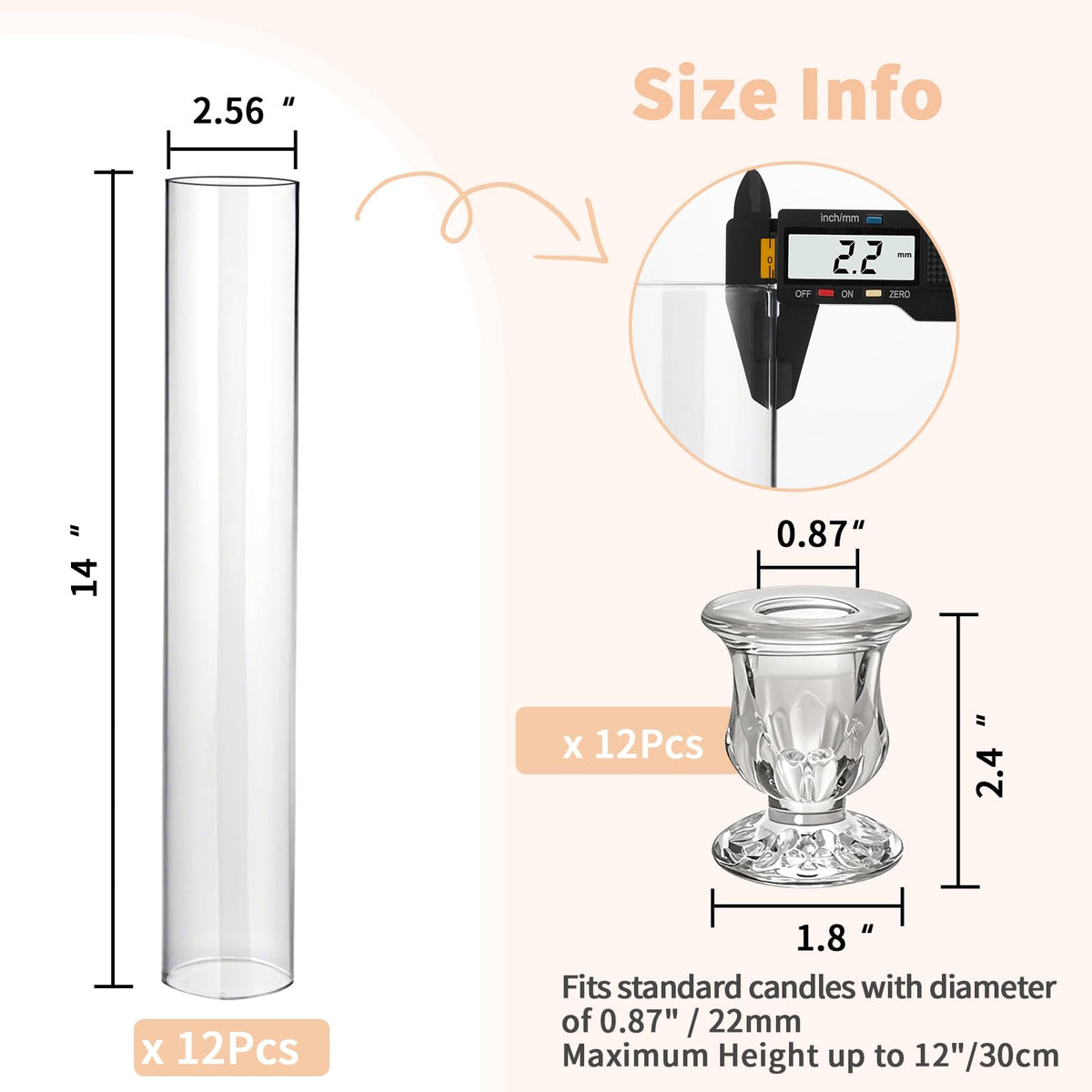 CHILL RECIPE Hurricane Glass Candle Holders-Set of 12 Tall Taper Candle Holder with 14” Tall Clear Cylinder Covers for Wedding Table Centerpiece Home Decor (Floral Base+Clear Chimney)