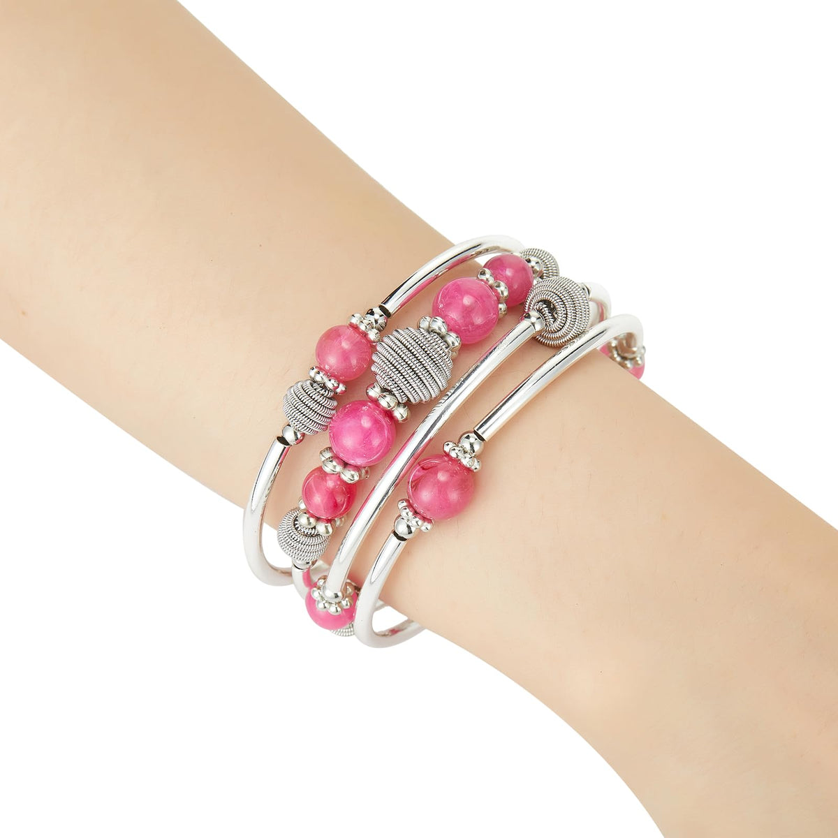 PEARL&CLUB Beaded Chakra Bangle Turquoise Bracelet - Fashion Jewelry Wrap Bracelet with Thick Silver Metal and Mala Beads, Birthday Gifts For Women(Hot pink)